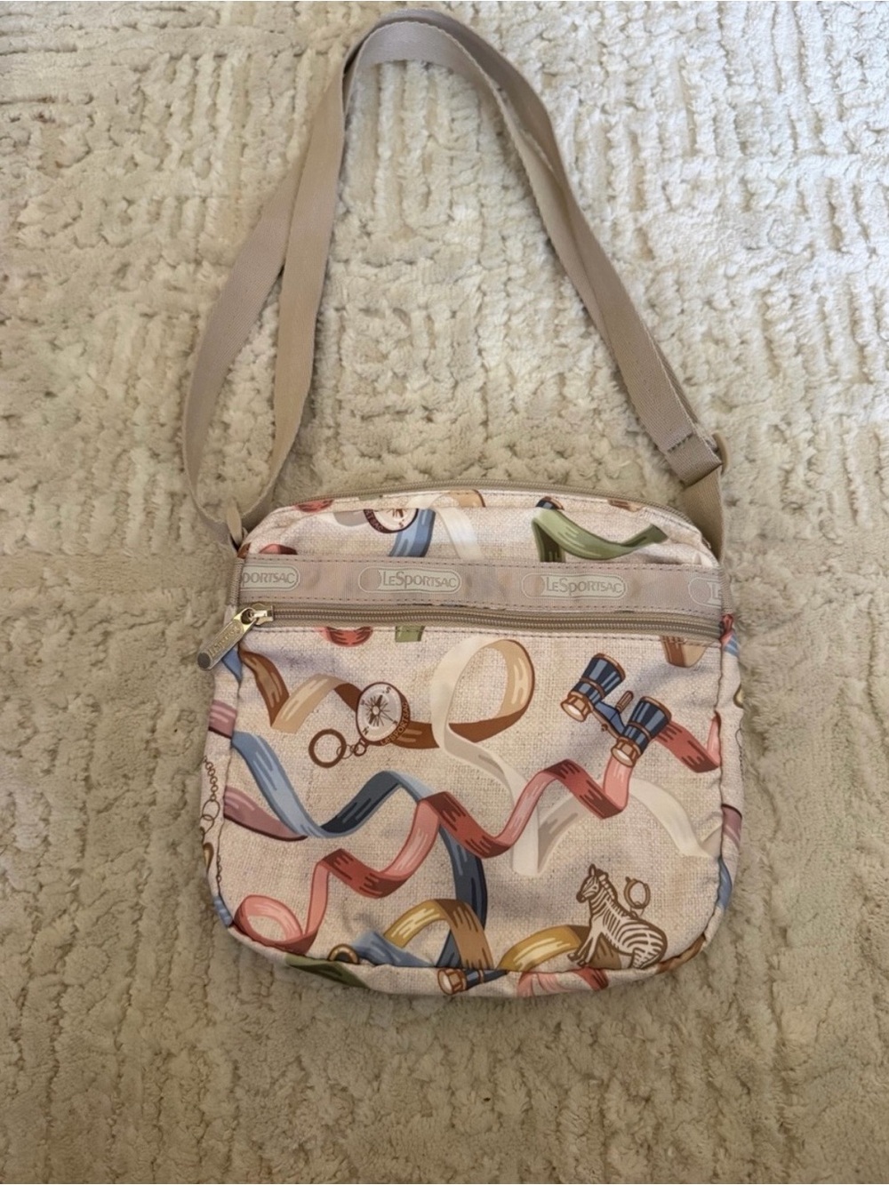 LeSportsac Multicolor Novelty Print Crossbody Bag Binoculars Ribbons Zebra